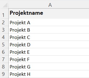 Projektname in Excel-Spalte